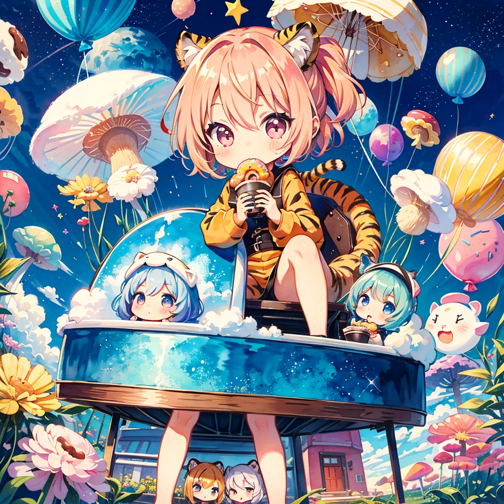 (chibi:1.5), (3 girls, cute triplet girls), tiger costume, costume, cute pose, colorful hair, rainbow mushroom town, sequin shower, glitter, lovely, kawaii, Saturn doughnuts, spiral bucket, eating donuts, balloon, BREAK, high quality, high image quality, masterpiece, watercolor, pastel colors, retouching, pop art, high Perpaint