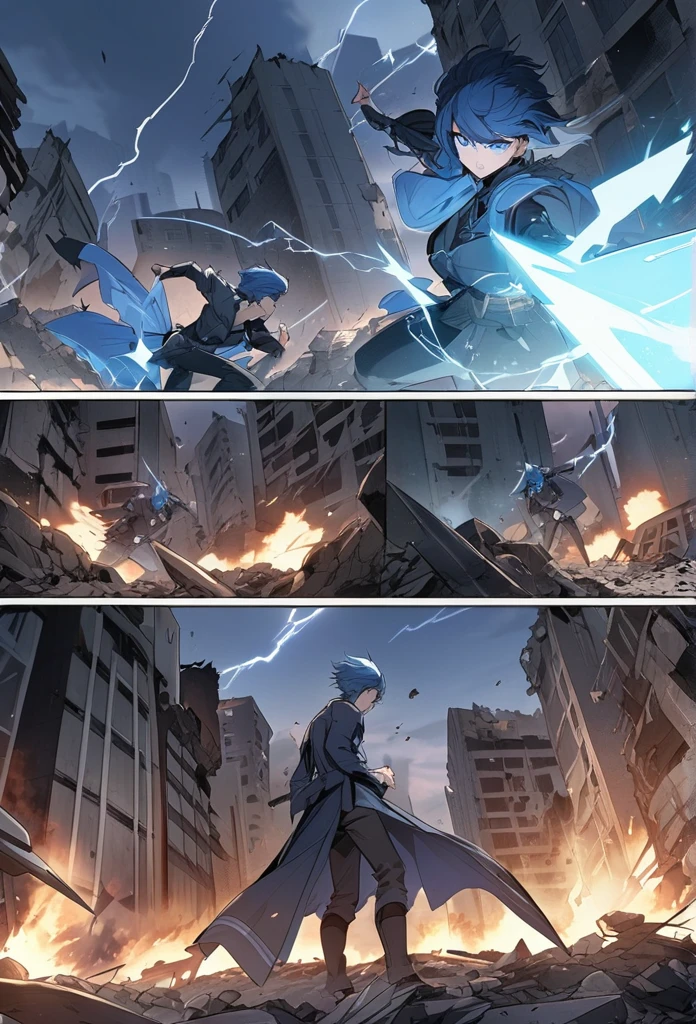 ((highest quality)), ((masterpiece)), ((detailed)), A man with blue hair and blue eyes throwing knives and lightning at dark creatures of shadows and demons comic ebook storyboard three panels HQ In a city in rubble and destroyed