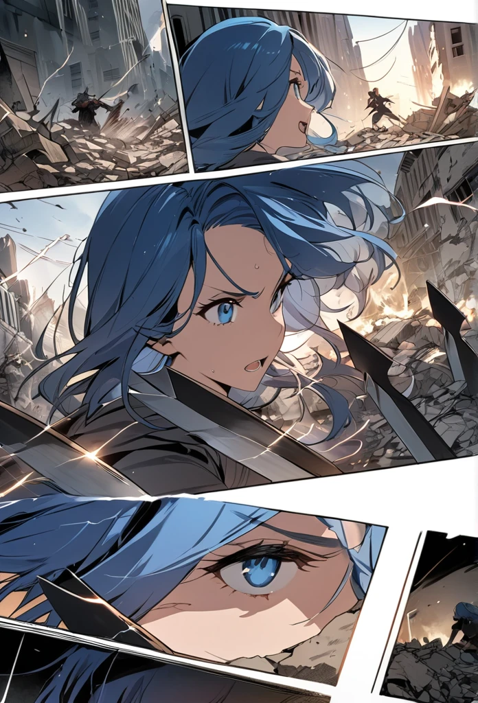 ((highest quality)), ((masterpiece)), ((detailed)), A man with blue hair and blue eyes throwing knives and lightning at dark creatures of shadows and demons comic ebook storyboard three panels HQ In a city in rubble and destroyed