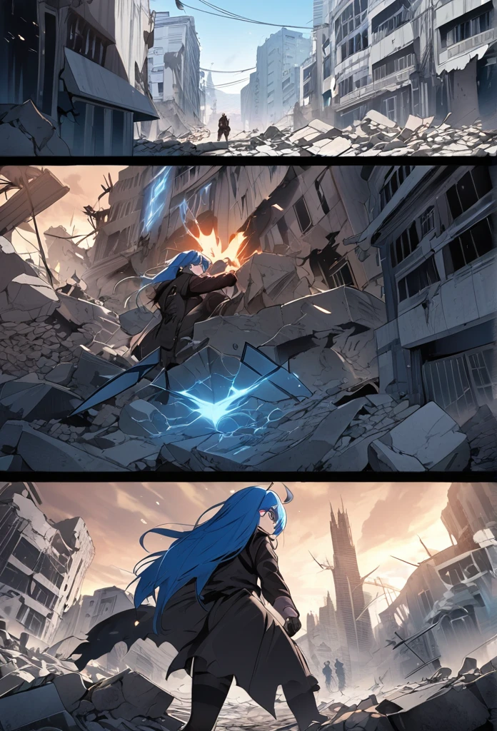 ((highest quality)), ((masterpiece)), ((detailed)), A man with blue hair and blue eyes throwing knives and lightning at dark creatures of shadows and demons comic ebook storyboard three panels HQ In a city in rubble and destroyed
