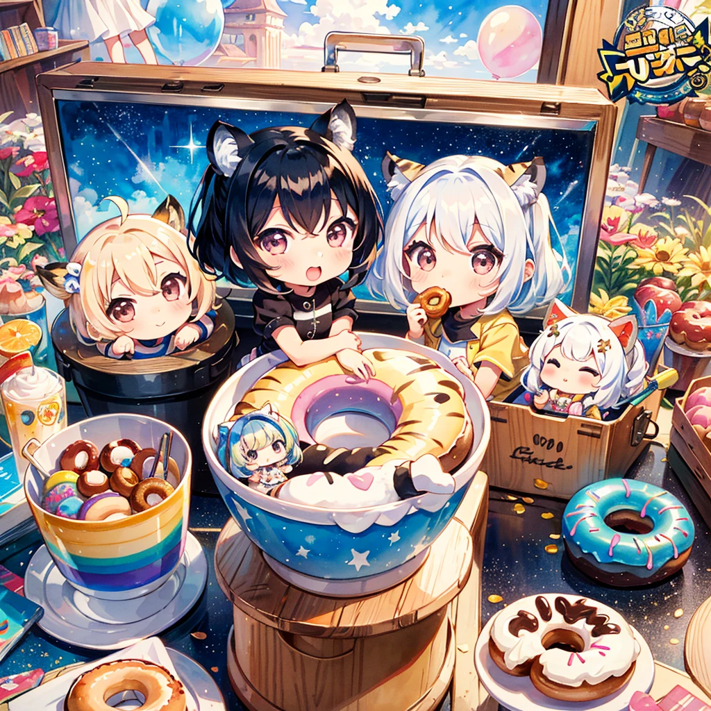 (chibi:1.5), (3 girls, cute triplet girls), tiger costume, costume, cute pose, colorful hair, rainbow mushroom town, sequin shower, glitter, lovely, kawaii, Saturn doughnuts, spiral bucket, eating donuts, balloon, BREAK, high quality, high image quality, masterpiece, watercolor, pastel colors, retouching, pop art, high Perpaint