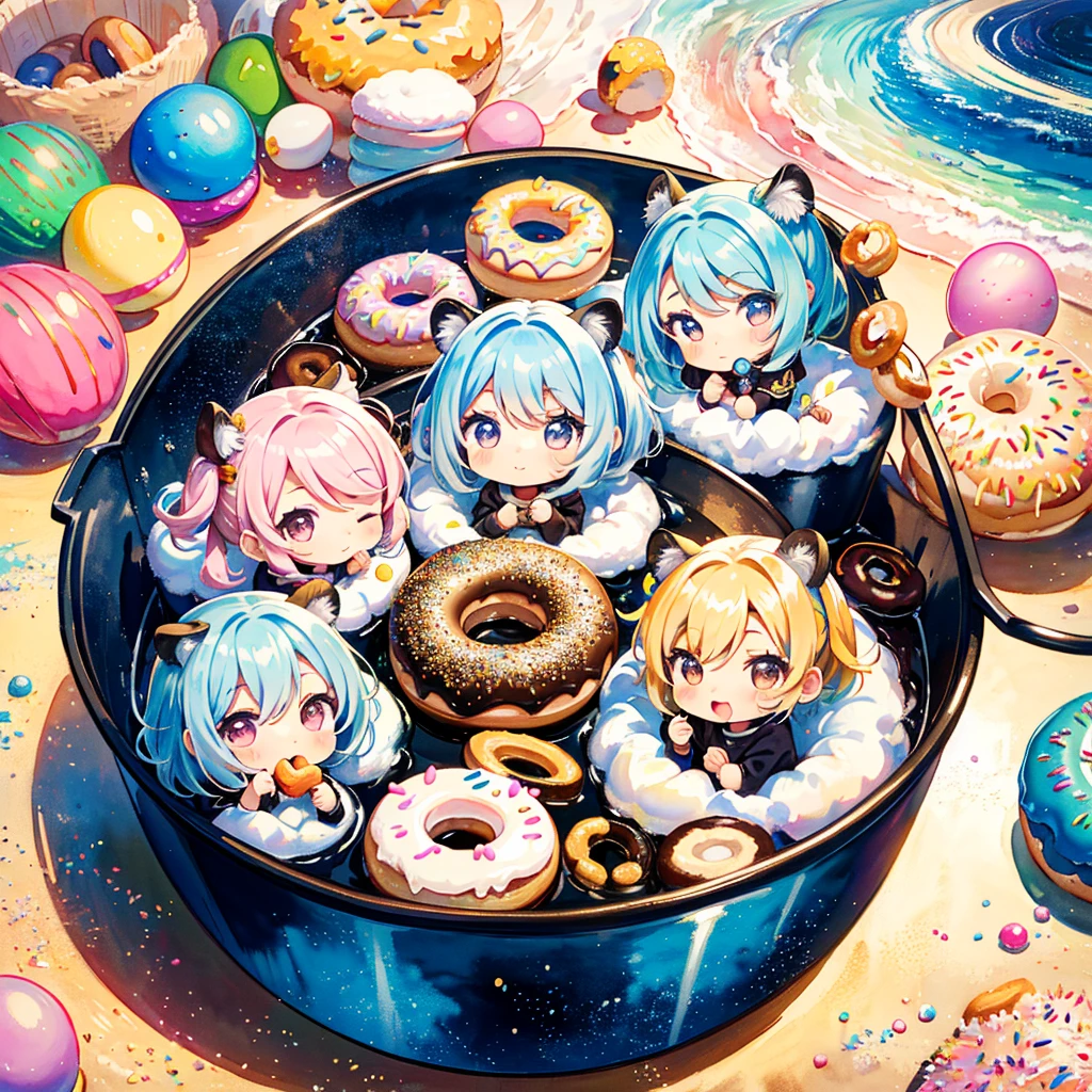 (chibi:1.5), (3 girls, cute triplet girls), tiger costume, costume, cute pose, colorful hair, rainbow mushroom town, sequin shower, glitter, lovely, kawaii, Saturn doughnuts, spiral bucket, eating donuts, balloon, BREAK, high quality, high image quality, masterpiece, watercolor, pastel colors, retouching, pop art, high Perpaint
