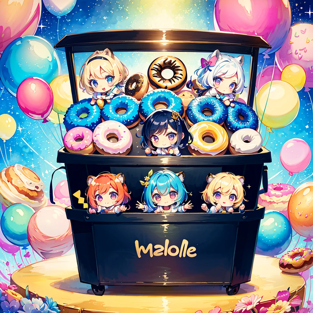 (chibi:1.5), (3 girls, cute triplet girls), tiger costume, costume, cute pose, colorful hair, rainbow mushroom town, sequin shower, glitter, lovely, kawaii, Saturn doughnuts, spiral bucket, eating donuts, balloon, BREAK, high quality, high image quality, masterpiece, watercolor, pastel colors, retouching, pop art, high Perpaint