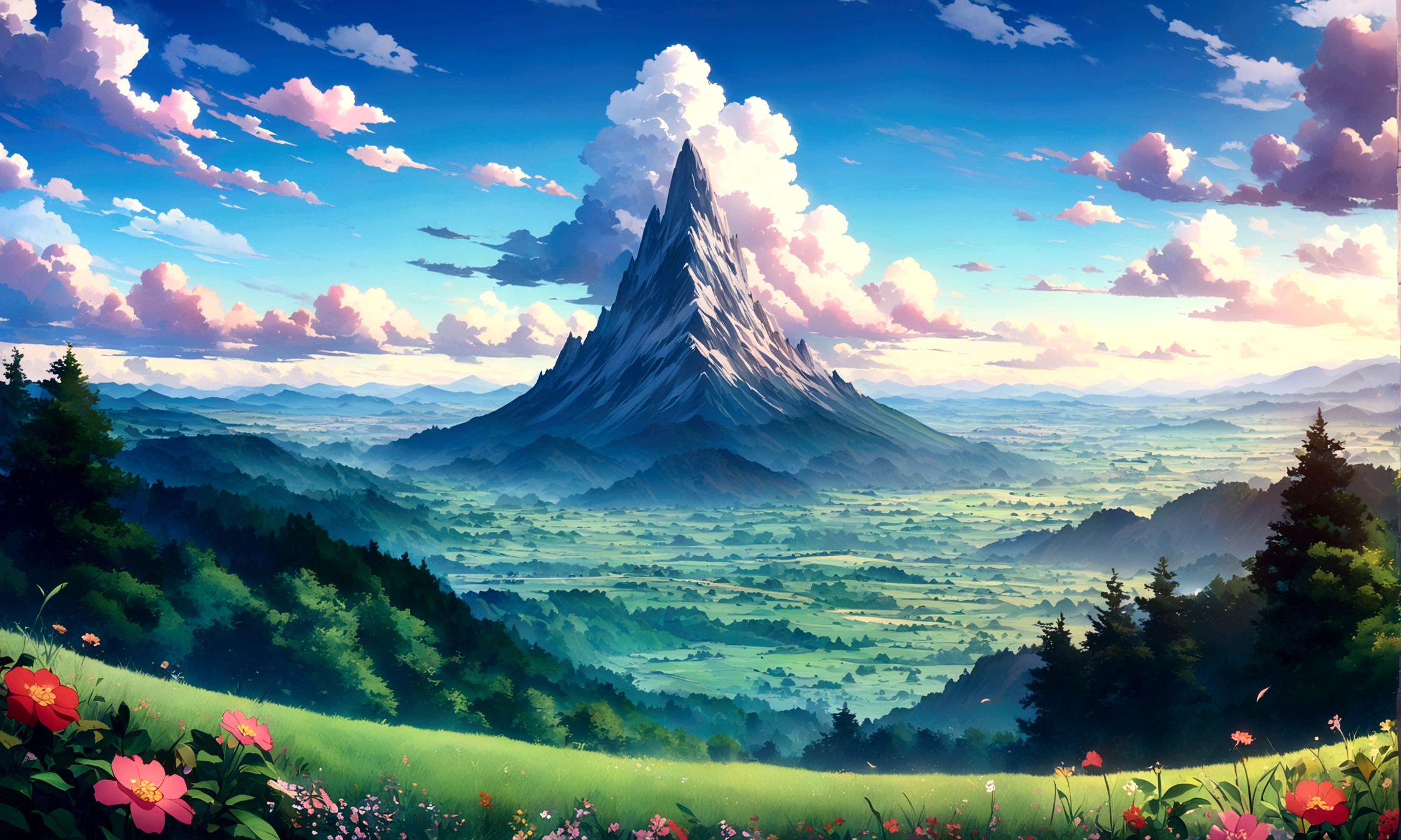 
japanese anime beautiful day grass sky with towering mountains in the distance,lush forests, An expansive open field below under blue cloudy skies,anime countryside landscape, anime landscape, anime landscape wallpaper,beautiful anime scenery,anime movie background, anime nature,colorful anime scenery, beautiful landscape background,anime countryside landscape, anime art wallpaper 8 K beautiful anime scene,4 K highly detailed