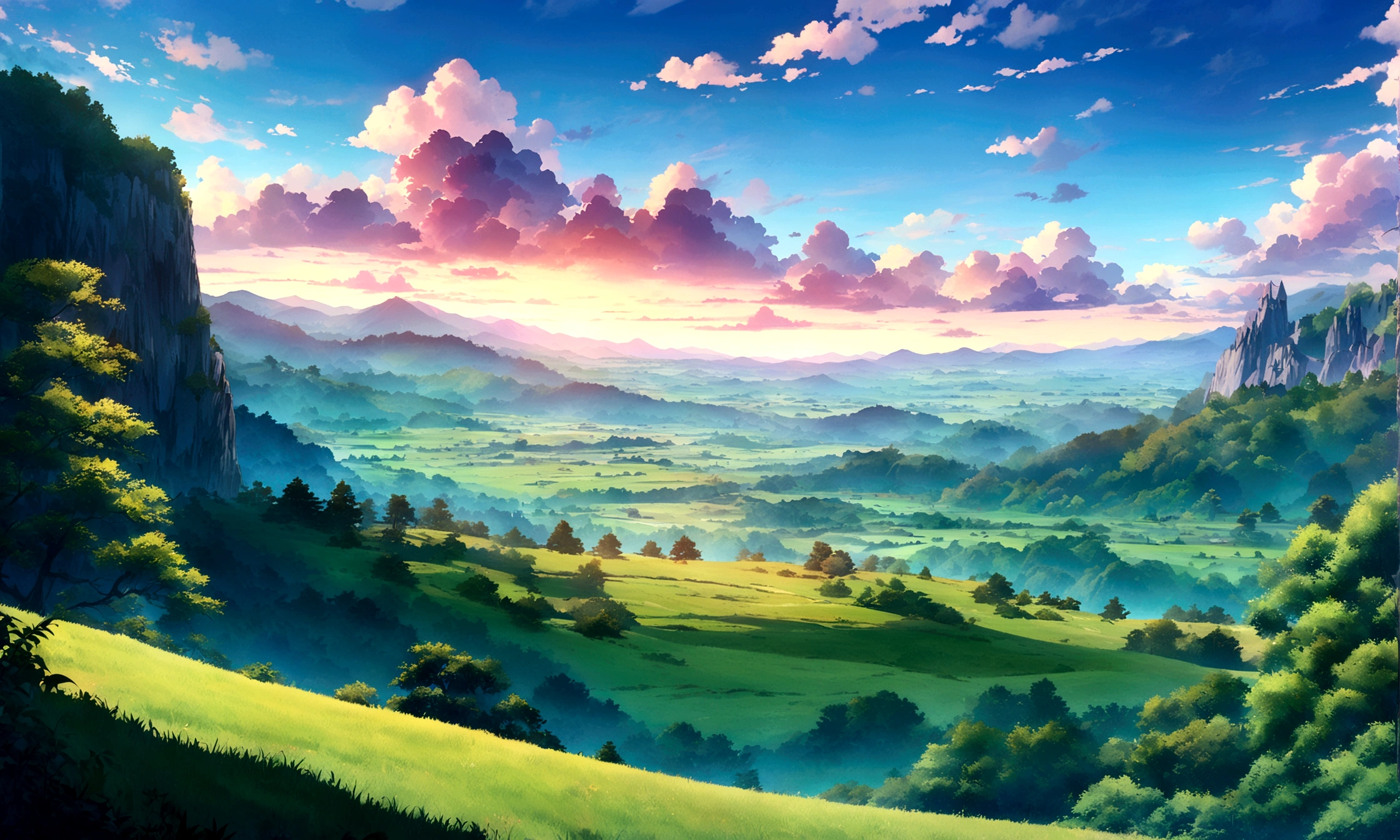 
japanese anime beautiful day grass sky with towering mountains in the distance,lush forests, An expansive open field below under blue cloudy skies,anime countryside landscape, anime landscape, anime landscape wallpaper,beautiful anime scenery,anime movie background, anime nature,colorful anime scenery, beautiful landscape background,anime countryside landscape, anime art wallpaper 8 K beautiful anime scene,4 K highly detailed