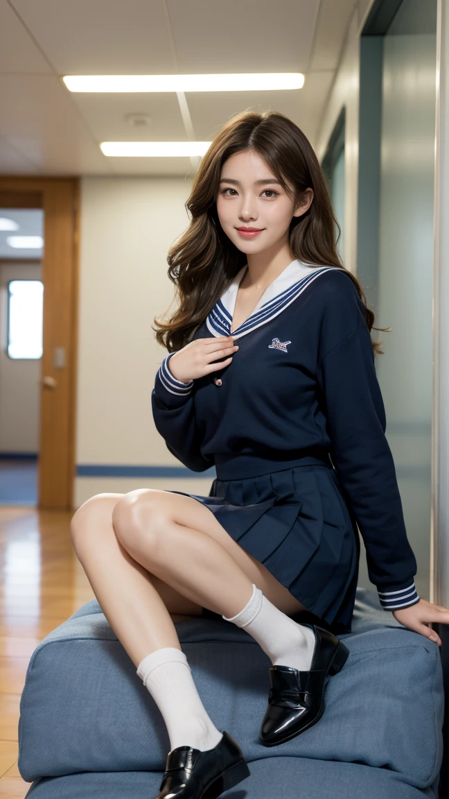 Highest quality,masterpiece,Ultra-high resolution,(Actual:1.4),Original photo,Ultra-high resolution,8K,There are women,Fair skin,Exquisite makeup,High heels,Long legs,Bright and beautiful,Strongly blurred beautiful office corridor background,Super long brown hair,Hair with loose waves inside、reaching down to the waist、wearing student clothes、Long sleeve sailor suit worn by Japan 、blue cuffs、Dark blue mini pleated skirt, white socks、Black loafers、school classrooms、High school girl reading a book、a sailor suit、shy smile、Big Breasts、Place your left hand gently on your chin,