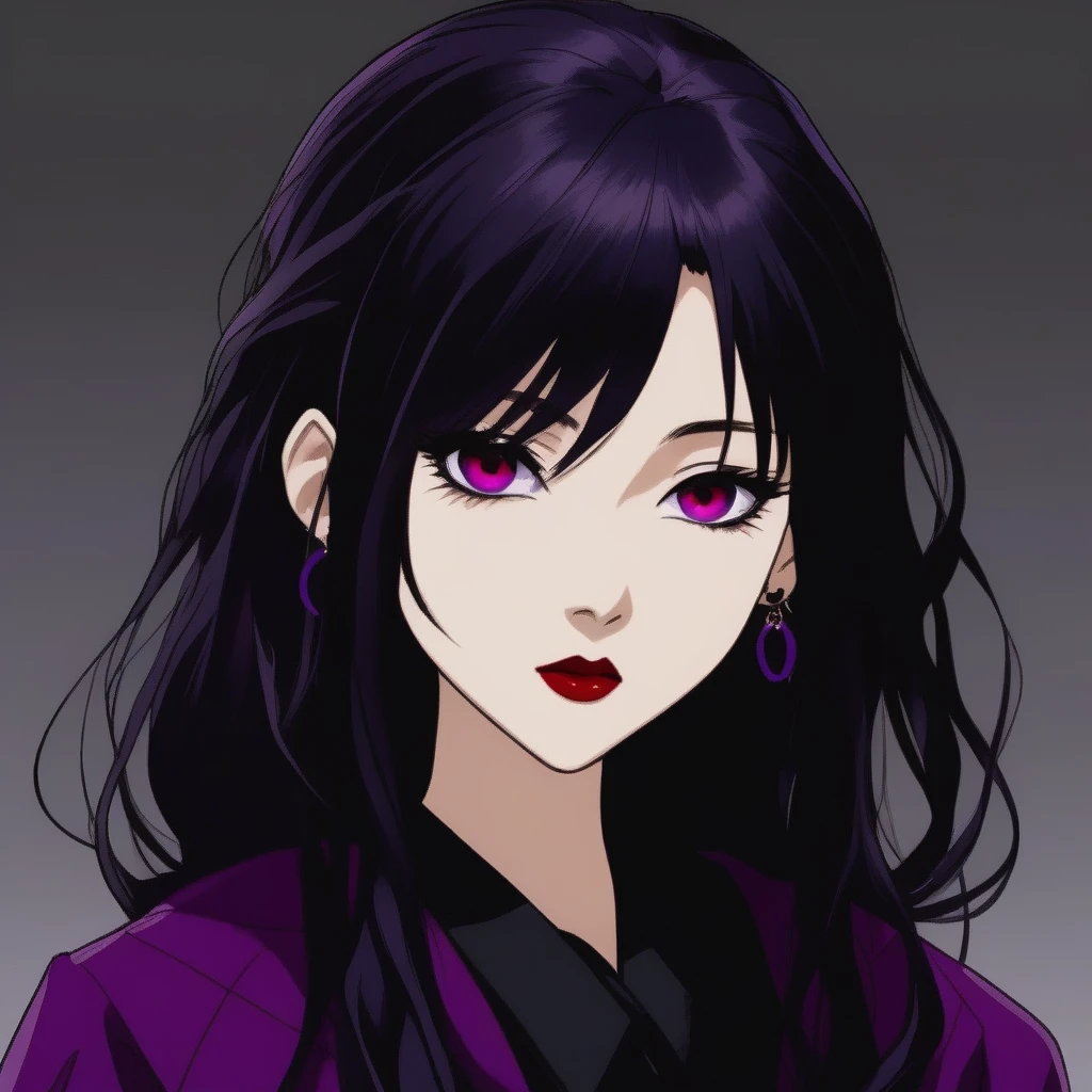 Kyoko has long, flowing black, often messy hair with a purple tint, styled in a sleek and elegant manner. Her piercing red eyes are framed by thick lashes, she have dark, bold lipstick that highlights her full lips. Kyoko wear black and purple pullover that is always too big for Her and black short.