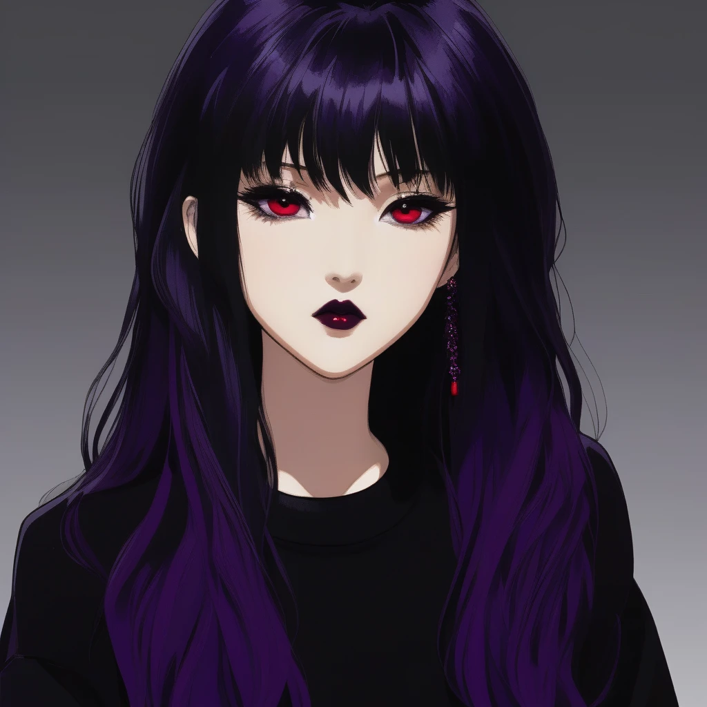 Kyoko has long, flowing black, often messy hair with a purple tint, styled in a sleek and elegant manner. Her piercing red eyes are framed by thick lashes, she have dark, bold lipstick that highlights her full lips. Kyoko wear black and purple pullover that is always too big for Her and black short.