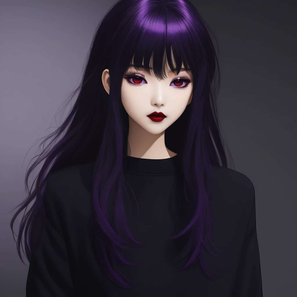 Kyoko has long, flowing black, often messy hair with a purple tint, styled in a sleek and elegant manner. Her piercing red eyes are framed by thick lashes, she have dark, bold lipstick that highlights her full lips. Kyoko wear black and purple pullover that is always too big for Her and black short.