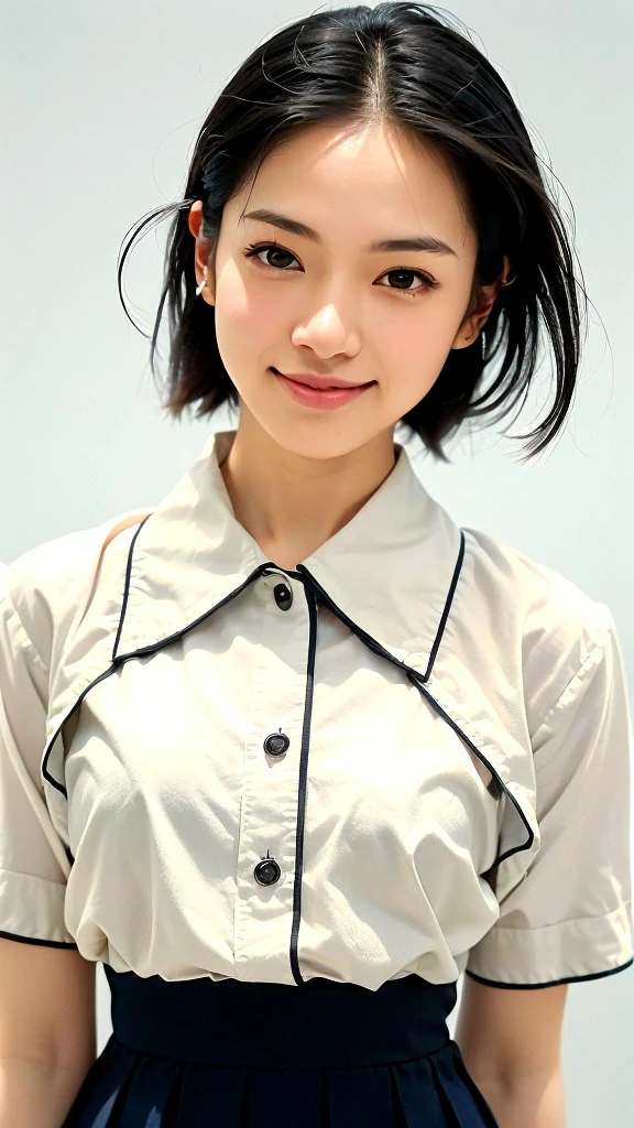 (1 woman:1.99)、(Wide forehead、Very short hair、Very small amount of hair、Forehead、Fuji frame:1.1)、Sunburn、、Naughty、Happy expression、満面のsmile、Weakness、I feel very comfortable alone、(Japanese high school girls uniform),((Very sleepy、Improves skin texture,smile、Narrow eyes、Very weak eyesight、Very weak eyeliner、Half-closed eyes、I know the shape of your head、Oval Face))、(slicked back hair:1.25)、Photographic, Raw photo, Mastepiece, Highly detailed photos, Digital SLR, Photo-realistic 1.4, Super hello nothing, Best Quality,(standing、tilting your head、whole body:1.5)