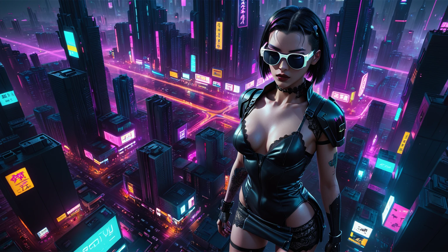 (((1woman, solo))), rainbow light, 3d neon art of a woman's body, cyberpunk femme fatale, seductive cyberpunk dark fantasy, cyberpunk 20 y. o large-breast:1.2 model girl, (((with black miniskirt and white lace panty, with matrix style black micro sunglasses))), oppai cyberpunk, banner, high definition cgsociety, cgsociety masterpiece, trending on cgstation, kda, (((((aerial view))))) image of neon-noir cyberpunk city in the background. 