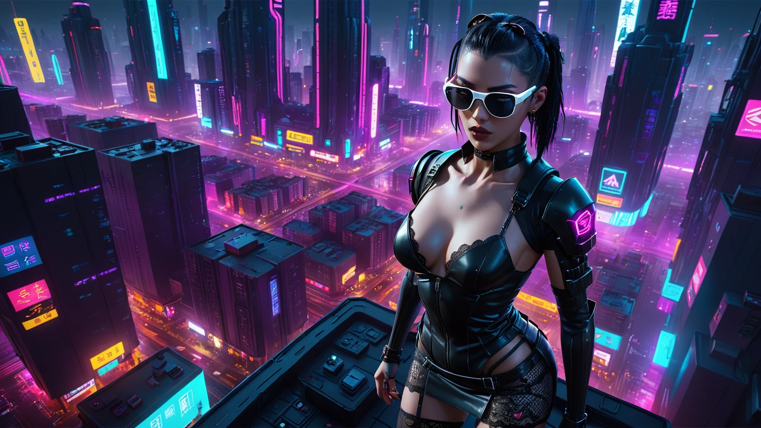 (((1woman, solo))), rainbow light, 3d neon art of a woman's body, cyberpunk femme fatale, seductive cyberpunk dark fantasy, cyberpunk 20 y. o large-breast:1.2 model girl, (((with black miniskirt and white lace panty, with matrix style black micro sunglasses))), oppai cyberpunk, banner, high definition cgsociety, cgsociety masterpiece, trending on cgstation, kda, (((((aerial view))))) image of neon-noir cyberpunk city in the background.