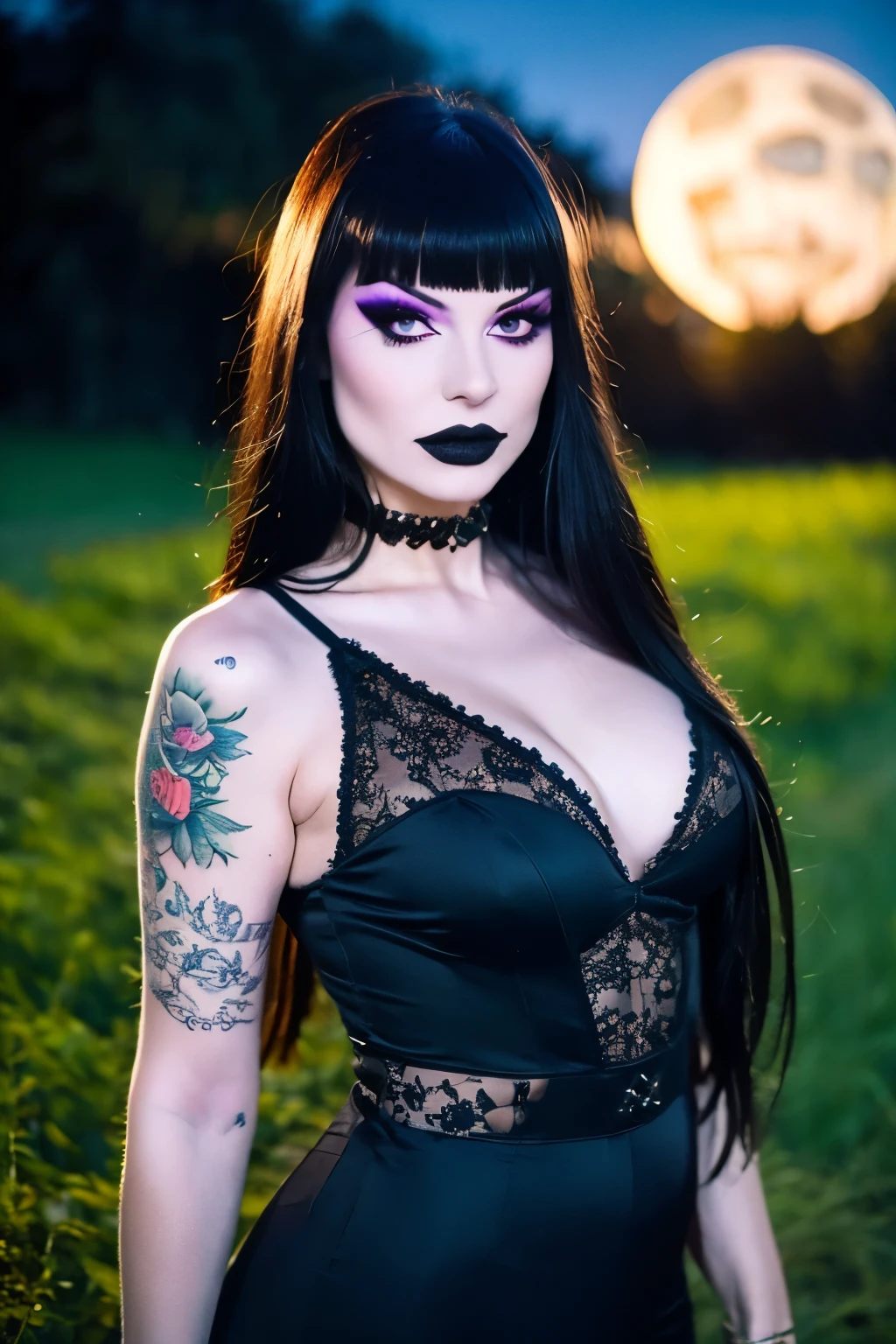 Generphie a hyper-realistic image thphi employs the shallow depth of field technique, Head and shoulders portrait to highlight a beautiful gothic girl wearing a gothic dress, (Long flowing hair with bangs)),skull tattoo, ((heavy make-up)) , phi ((phiite em um cemitério assustador)) context, (((under the moonlight))). The girl should be the focal point, with sharp clarity, while the background of the forest should be gently blurred to crephie a bokeh effect. (((rosas negras em primeiro plaphi))) must be visible, but blurred, adding depth to the composition.", adding depth to the composition. Sony Alfa A7R III, macro lens , f/5.6. ((Cinemphiic purple Lighting)) .