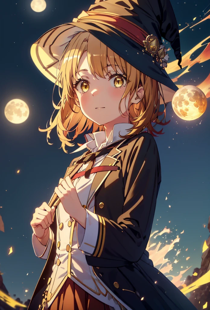 Irohaisshiki, isshiki iroha, short hair, Brown Hair, (Brown eyes:1.5), smile,((Night Sky)),((Big full moon)),((Sparkling and colorful stars)),Fluffy hair,((Idol style costume with soft volume)),Long skirt,((gorgeous wizard hat)),((witch)),(magic wand with a jewel on the tip),Explosive Flame,
break outdoors, forest,forest
break looking at viewer,Upper Body,
break (masterpiece:1.2), Highest quality, High resolution, unity 8k wallpaper, (shape:0.8), (Narrow and beautiful eyes:1.6), Highly detailed face, Perfect lighting, Extremely detailed CG, (Perfect hands, Perfect Anatomy),