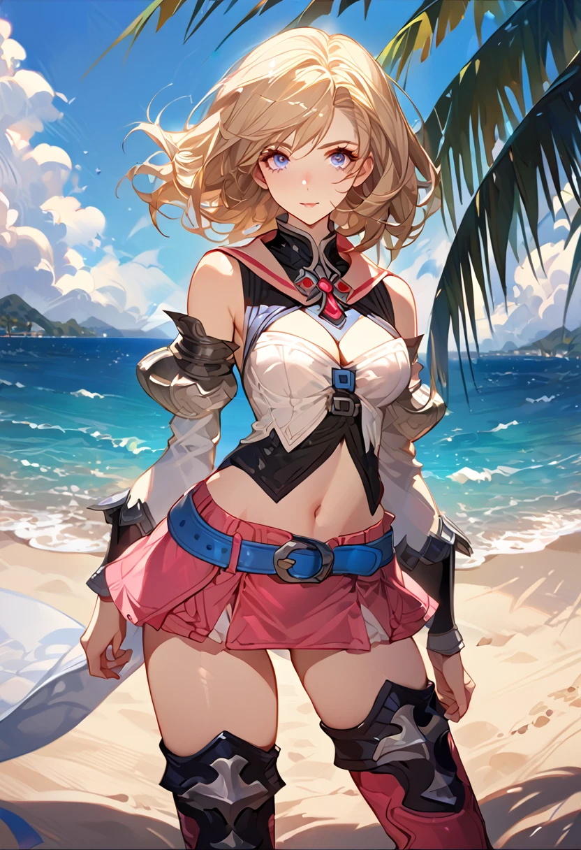 masterpiece, best quality, 8k, 4k, 1girl, ashelia final fantasy xii, Ashelia, medium hair, blonde hair, blue eyes, white detached sailor like collar, brooch, white shirt, cleavage, midriff, detached sleeves, bracer, black and blue corset, pink skirt, microskirt, pink skirt, pink tight skirt, blue belt, thigh boots, slim body, looking at viewer, standing nicely, wind blowing, finely detailed eyes and detailed face, face detailed, hair detailed, clothes detailed, ((high quality)), extreme detail, beach sand, palm tree, calm water, high hills overlooking the sea, hollowed hills,  inspired by Asukaziye artist : ask, art style : ask
