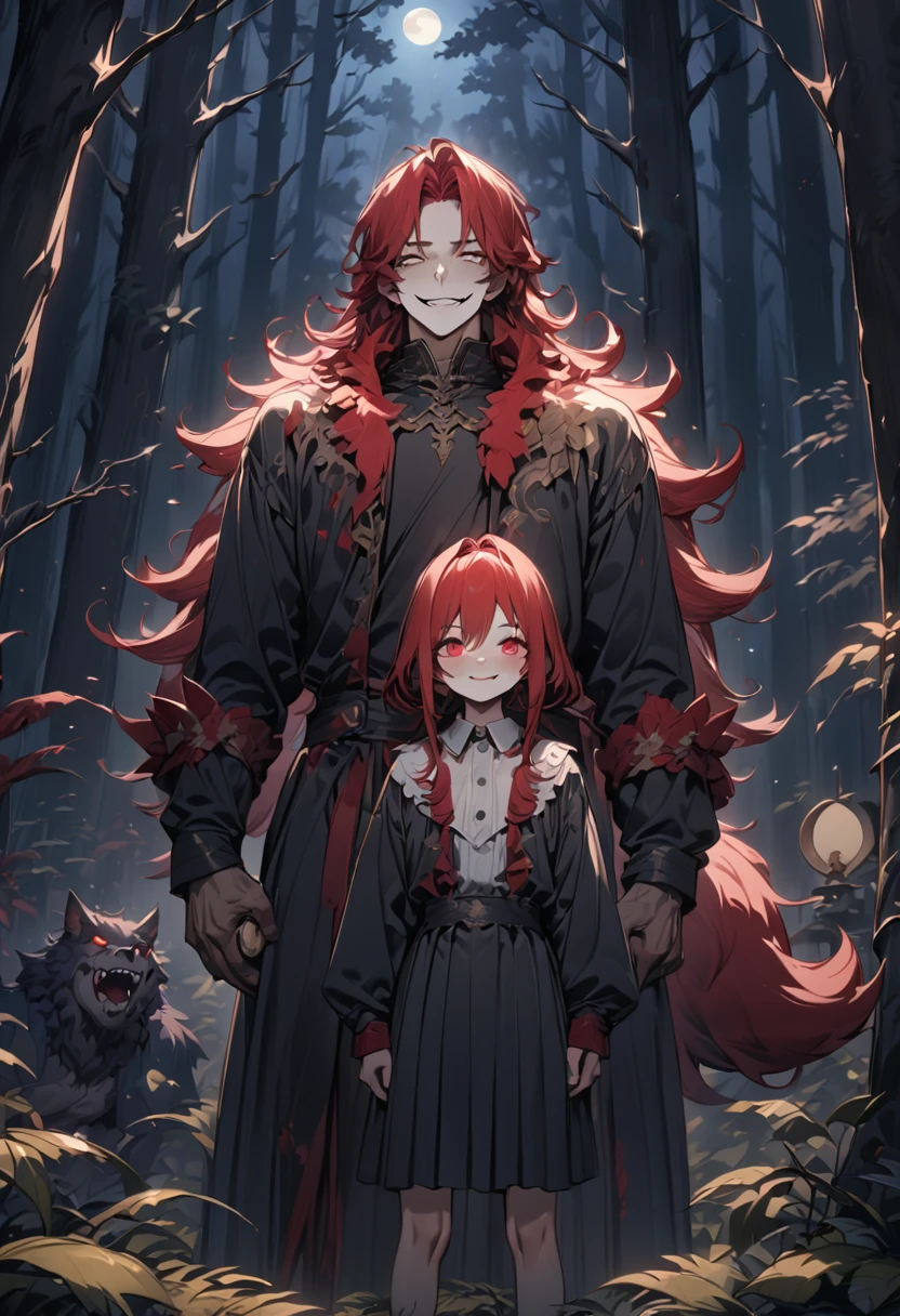 (award winning, 8k, super detailed, high resolution, best quality), (a young man with red hair and black jacket, smirk face and), (a werewolf with red velvet fur), (standing side by side), detailed eyes, extremely detailed face and features, detailed fangs, in a dark mysterious forest at night, moonlight shining, mist, old trees, moonlit forest, moody lighting, horror atmospheric