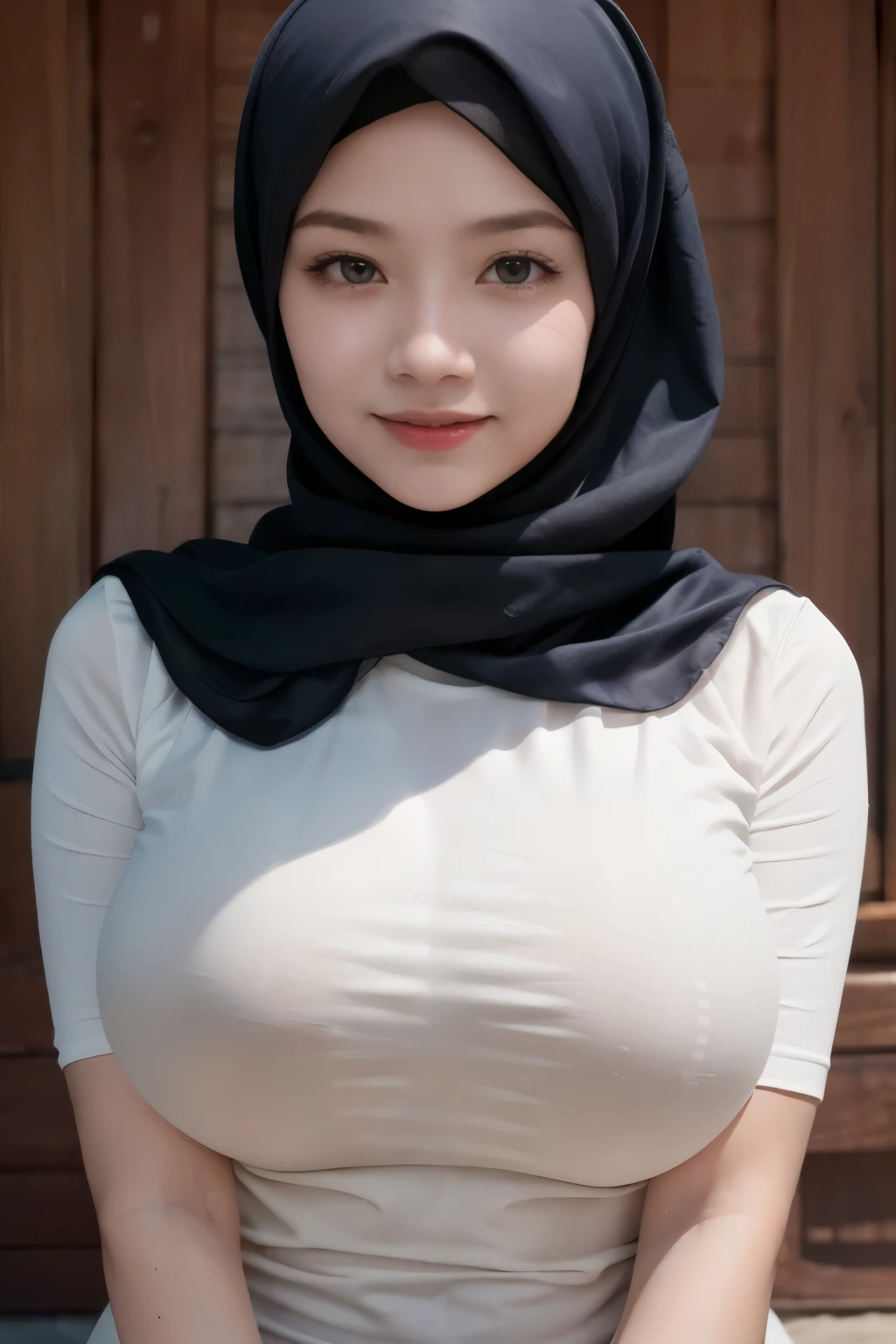 adorable, 1 girl, (face to face), , baby face, happy, half body portrait, (face details: 1), (eye details: 1), ((big breasts)). wearing white long shirt, hijab, .. Cute posed. proportional body. Ultra High Res. realistic: 1.4, UHD