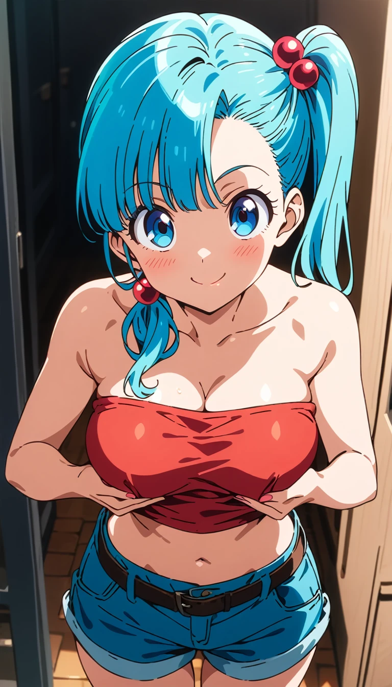score_9, score_8_up, score_7_up, BREAK from front,from above,straight-on,(breast lift),standing,,mediumshot,1girl,bulma, blue eyes, blue hair,bare shoulders, belt, cleavage, hair bobbles, hair ornament, hair over shoulder,medium breast,midriff, navel, one side up, red tube top, shorts,ass, side ponytail, (strapless, tube top,under_boob:1),,,looking at viewer,facial expression,smile,asterpiece, best quality, ultra detailed, highres,4k,(ultra-detailed) (illustration:0.5), (ray tracing,:0.8),(anime colored:0.7),(ai-generated:0.5), (anime screencap:0.8),cinematic lighting,professional lighting,1990s_(style),,