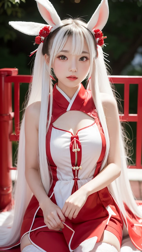 young asian woman, (long white bunny ears), (Cute red and white shrine maiden costume), Long white hair, Twin tails and bangs, Japan Traditional Hair Ornaments, Big Breasts, Shrine under the full moon, Sitting, White Stockings, Athletic ability, Bright red lips