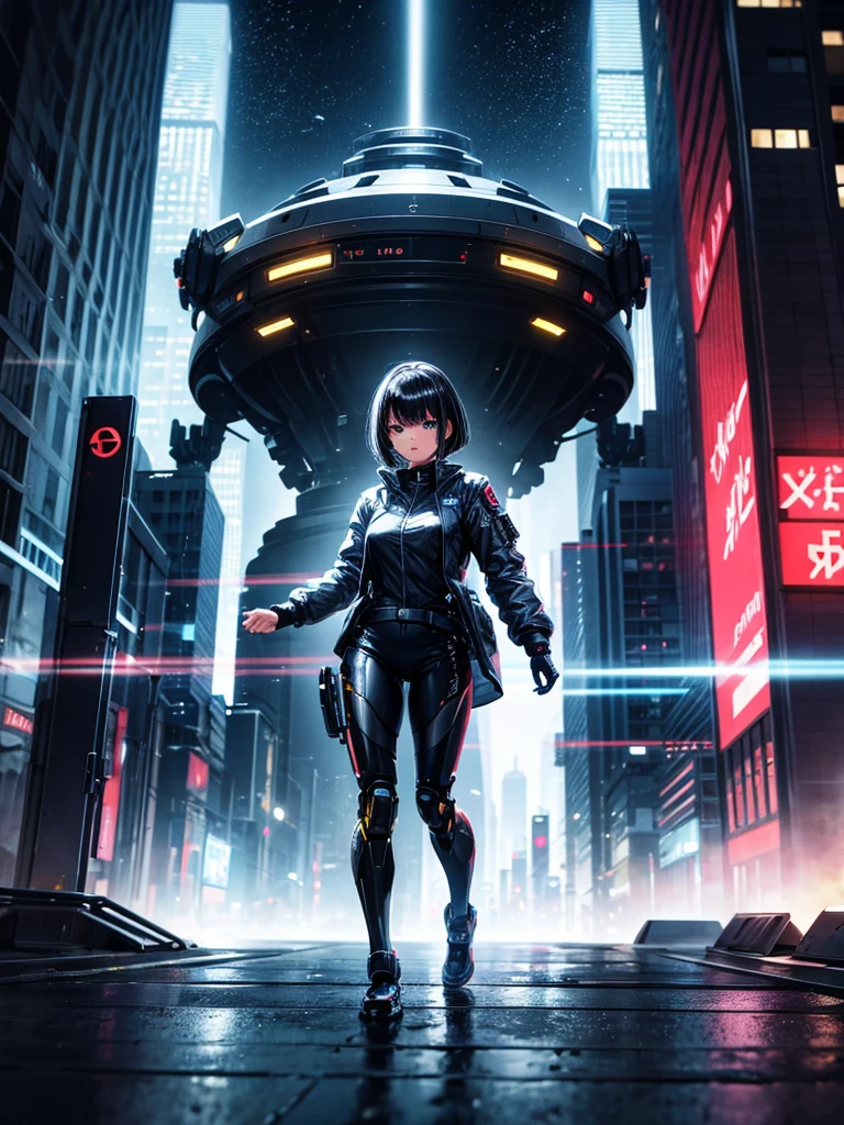 Highest quality,Highest Resolution,beautiful girl,Android,metallic,Mechanic,cyborg,Future city at night,Short black hair,whole body,Ride on a futuristic machine and drive,Move,