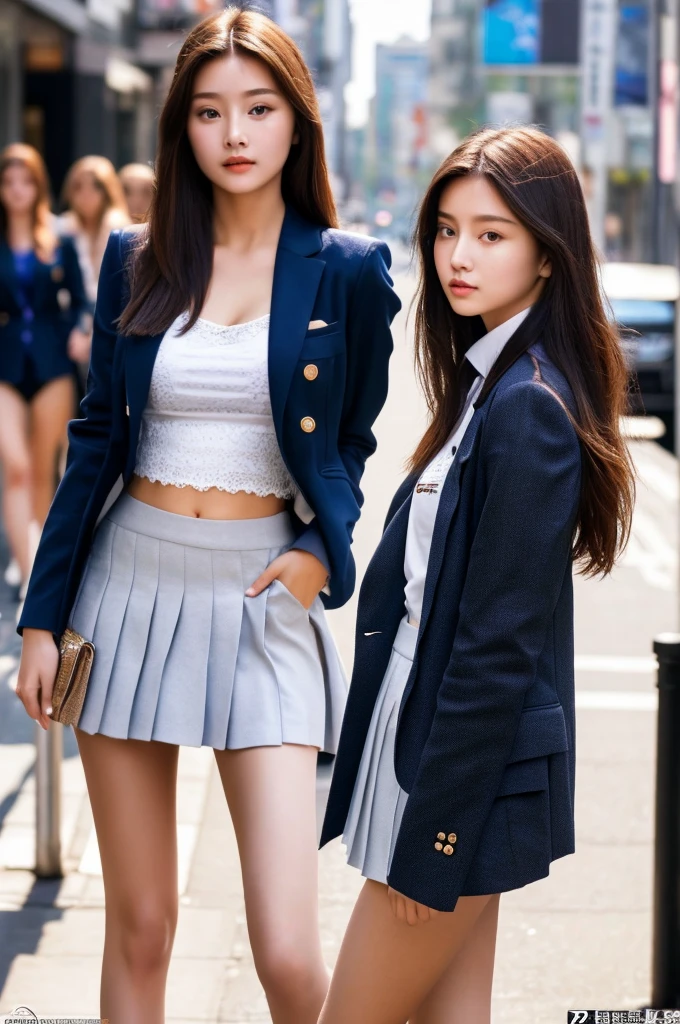 a 18 year old face of the most beautiful actress in the world, the perfect body proportions of a female, blazer is covering shirt, panties between bare legs are seen just a little thanks to skirt is too short, bare thighs, at the city street, standing, best quality, highly detailed, masterpiece, ultra high res, photo realistic, 8k