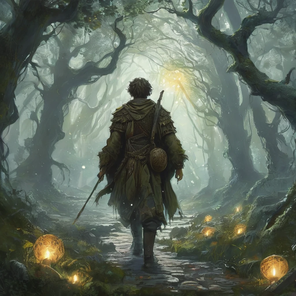 As twilight descends upon the ancient forest of Eldergrove, a young boy navigates the winding paths between towering oak trees and gnarled roots. His short, curly brown hair catches glimpses of fading sunlight filtering through the dense canopy above, casting dappled patterns on his weathered brown tunic and trousers.

The boy, a shepherd's son accustomed to the rhythm of life among the fields and pastures, now finds himself amidst the haunting quiet of the forest. His worn leather boots crunch softly on fallen leaves and moss-covered stones as he moves deeper into the realm where legends and whispers intertwine.

A wooden staff, carved with runes of protection and crowned with a polished amber stone, is clutched firmly in his hand—a gift from an old crone who spoke of ancient prophecies and the balance between light and shadow. Its weight serves as a reminder of the responsibility thrust upon him, though he may not yet understand its true significance.

Around him, the forest hums with unseen life and the faint echoes of distant howls, reminding him that Eldergrove is not merely a sanctuary for wildlife but a realm where spirits wander and mysteries thrive. Shadows lengthen as he ventures towards a clearing illuminated by the pale glow of moonlight, drawn by a faint whisper on the wind that promises answers to questions he has yet to voice.

In this world of dark medieval fantasy, where every step may lead to discovery or peril, the boy's journey into the heart of Eldergrove unfolds—a tale of innocence tested, alliances forged, and the awakening of powers that defy the boundaries between myth and reality