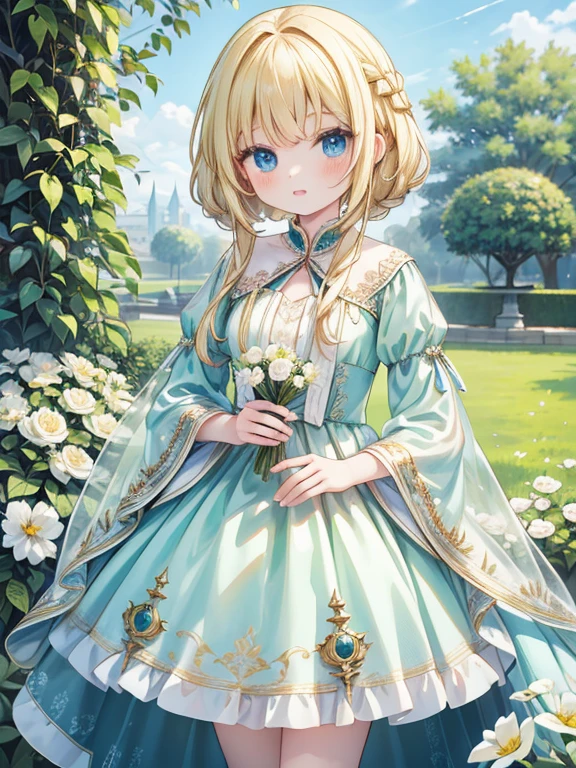 masterpiece, Highest quality, Very detailed, 16K, Ultra-high resolution, Cowboy Shot, Detailed face, Perfect Fingers, 1 female, 14 years old, blue eyes, blonde, Braiding, royal palace, garden, hjy, a green and white dress with a bird on it