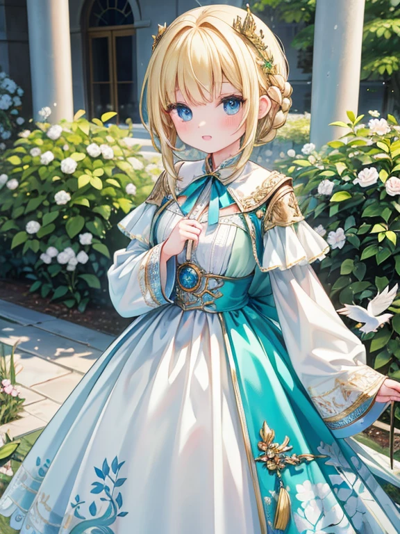 masterpiece, Highest quality, Very detailed, 16K, Ultra-high resolution, Cowboy Shot, Detailed face, Perfect Fingers, 1 female, , blue eyes, blonde, Braiding, royal palace, garden, hjy, a green and white dress with a bird on it