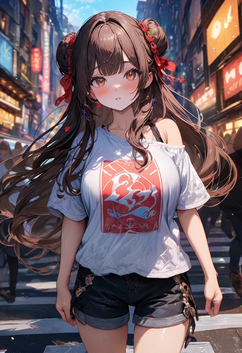 ((masterpiece:0), best quality, very aesthetic, newest, absurdres, detailed, high quality)
BREAK
highest quality, top quality, details, highres, ultra fine painting, digital art, official art, cinematic, 4k, 8k resolution, 8K CG wallpaper, CG, original artwork, detailed background, colorful background, blue atmosphere, High Dynamic Range, blurry background, blue hour, Starburst effects, crepuscular rays, good ISO, high resolution, wide shot, from far away, RAW photo, POV, sharp focus, light reflection, reflections, intricate details, soft light, particle noise, professional photography, bokeh, depth of field, natural lighting, vibrant colors, looking away, detailed lights and shadows, stylish, ultra-detailed, top rated on Pixiv, trending on Artstation, niji style, modern-days, master crafted, pose
BREAK
solo, close up shot, from above, 1girl, pale skin, correct fingers, detailed hand, (big breasts:1.2), big thighs, small torso, short body, flushtered, blush, anxious expression, embarassed, embarassed act, casual, slim, ((cute, childlike face):1.3), nice hips, nice body, brown hair, (very long flowing hair), (big 2 buns hairstyle)), long bangs, long hair, middle hair bangs, brown eyes
BREAK
((white oversized t-shirt with the logo of manga series on it. The shirt is big enough that it hangs off one of her shoulders, exposing some of her skin. She's also wearing some short, loose-fitting shorts that stop just above her thighs, letting the lower part of her legs bare))
BREAK
a person walking down a street with a crowd of people, crowded street, crowded streets, in front of a large crowd, giant crowd, girl walking through city, people walking down a street