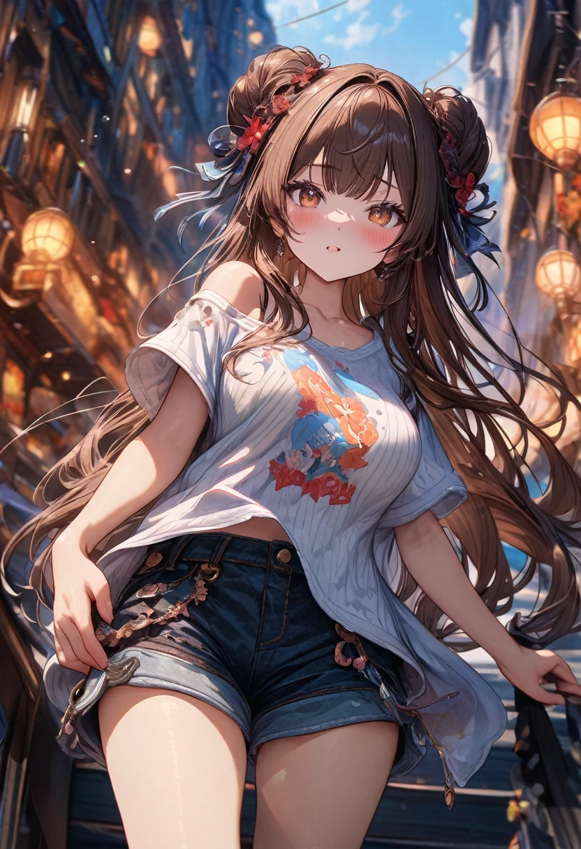 (masterpiece), best quality, very aesthetic, newest, absurdres, detailed, high quality
BREAK
highest quality, top quality, details, highres, ultra fine painting, digital art, official art, cinematic, 4k, 8k resolution, 8K CG wallpaper, CG, original artwork, detailed background, colorful background, blue atmosphere, High Dynamic Range, blurry background, blue hour, Starburst effects, crepuscular rays, good ISO, high resolution, wide shot, from far away, RAW photo, POV, sharp focus, light reflection, reflections, intricate details, soft light, particle noise, professional photography, bokeh, depth of field, natural lighting, vibrant colors, looking away, detailed lights and shadows, stylish, ultra-detailed, top rated on Pixiv, trending on Artstation, niji style, modern-days, master crafted, pose
BREAK
solo, (close up), 1girl, pale skin, correct fingers, detailed hand, (big breasts:1.2), big thighs, small torso, short body, flushtered, blush, anxious expression, embarassed, embarassed act, casual, slim, ((cute, childlike face):1.3), nice body, nice hips, brown hair, (very long flowing hair), (big 2 buns hairstyle)), long bangs, long hair, middle hair bangs, brown eyes
BREAK
(white frilly loose-fitting crop shirt, long sleeve, string sweatshorts, cleavage, choker, casualwear style, detailed tummy, belly button, modern fashion)
BREAK
tranquil park scene, the park features lush, green grass, a variety of trees in different shapes and sizes, Include a vibrant flower garden with a mix of colorful blooms. image size 16:9