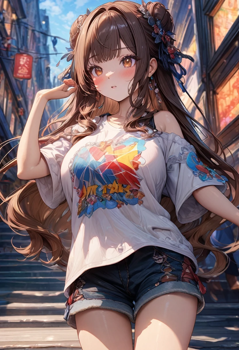 ((masterpiece:0), best quality, very aesthetic, newest, absurdres, detailed, high quality)
BREAK
highest quality, top quality, details, highres, ultra fine painting, digital art, official art, cinematic, 4k, 8k resolution, 8K CG wallpaper, CG, original artwork, detailed background, colorful background, blue atmosphere, High Dynamic Range, blurry background, blue hour, Starburst effects, crepuscular rays, good ISO, high resolution, wide shot, from far away, RAW photo, POV, sharp focus, light reflection, reflections, intricate details, soft light, particle noise, professional photography, bokeh, depth of field, natural lighting, vibrant colors, looking away, detailed lights and shadows, stylish, ultra-detailed, top rated on Pixiv, trending on Artstation, niji style, modern-days, master crafted, pose
BREAK
solo, close up shot, from above, 1girl, pale skin, correct fingers, detailed hand, (big breasts:1.2), big thighs, small torso, short body, flushtered, blush, anxious expression, embarassed, embarassed act, casual, slim, ((cute, childlike face):1.3), nice hips, nice body, brown hair, (very long flowing hair), (big 2 buns hairstyle)), long bangs, long hair, middle hair bangs, brown eyes
BREAK
((white oversized t-shirt with the logo of manga series on it. The shirt is big enough that it hangs off one of her shoulders, exposing some of her skin. She's also wearing some short, loose-fitting shorts that stop just above her thighs, letting the lower part of her legs bare)) 
BREAK
a person walking down a street with a crowd of people, crowded street, crowded streets, in front of a large crowd, giant crowd, girl walking through city, people walking down a street