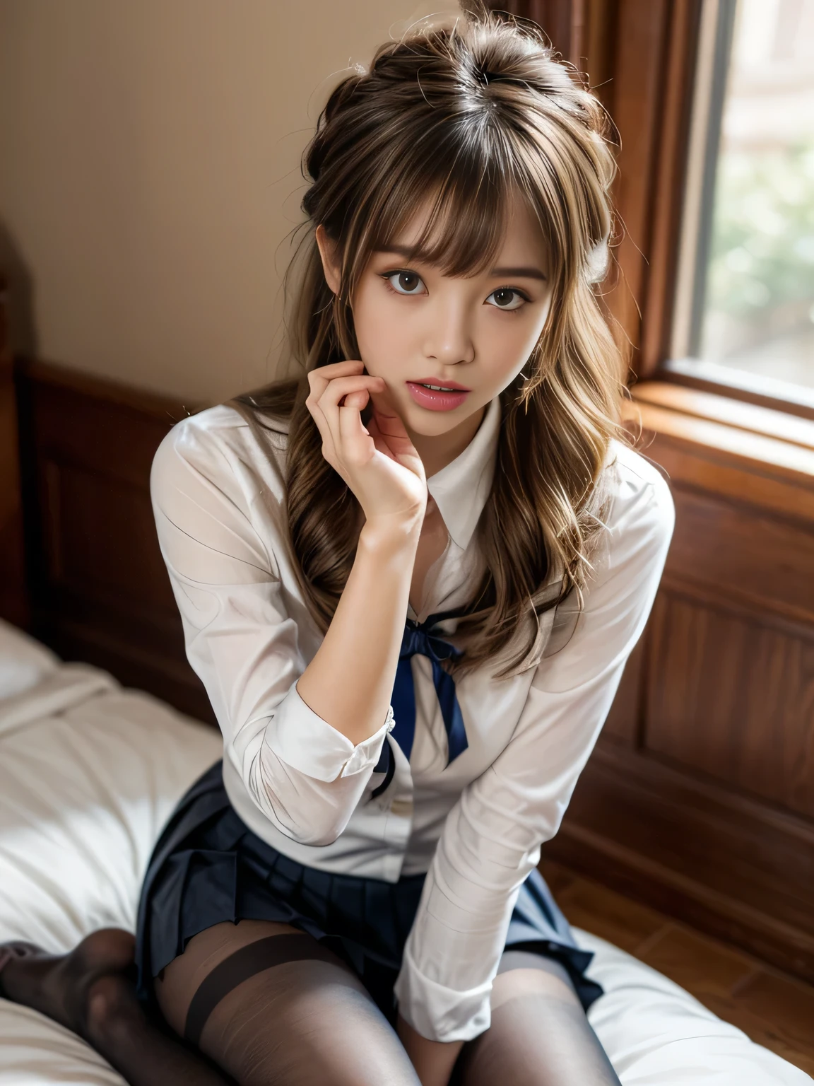 19 years old , (wearing school uniform, blazer, blue neck ribbon, pleated skirt, black pantyhose, loafers), big round breast, nipple protrusion, show your breast, show your thighs, ((updo hairstyle, Dark blonde hair, wavy hair, long hair, asymmetric bangs:1.2)), (photorealistic:1.2), (ultra realistic:1.3), (very detailed:1.1), ((masterpiece)), (Hand Details:1.4), (puckered lips:1.3),  depth of field, first person view.