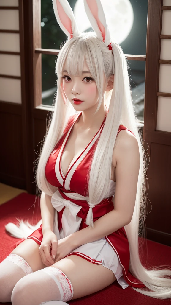 young asian woman, (long white bunny ears), (Cute red and white shrine maiden costume), Long white hair, Twin tails and bangs, Japan Traditional Hair Ornaments, Big Breasts, Shrine under the full moon, Sitting, White Stockings, Athletic ability, Bright red lips