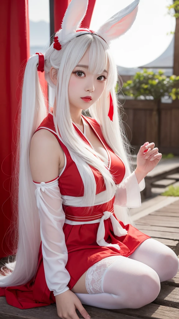 young asian woman, (long white bunny ears), (Cute red and white shrine maiden costume), Long white hair, Twin tails and bangs, Japan Traditional Hair Ornaments, Big Breasts, Shrine under the full moon, Sitting, White Stockings, Athletic ability, Bright red lips