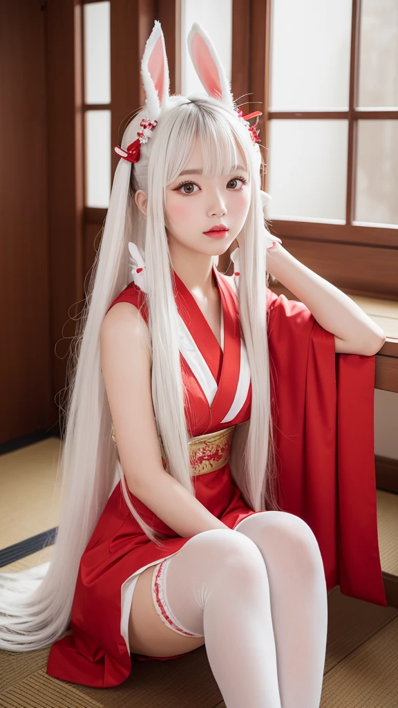 young asian woman, (long white bunny ears), (Cute red and white shrine maiden costume), Long white hair, Twin tails and bangs, Japan Traditional Hair Ornaments, Big Breasts, Shrine under the full moon, Sitting, White Stockings, Athletic ability, Bright red lips
