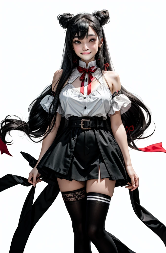 nsfw, 8K, 1 girl as yukino yukinoshita, 1 person, absurd, pretty girl, Beauty, Idol, pretty face, , alone, , big bust, long black hair down to waist, (twin tail:0.5), latex miniskirt, Black thigh-high socks, loose red ribbon, (Ahegao:1.2), spread legs, ((Open your pussy and show it)), ((Huge)), (white background), slim waist, (whole body), smiling face, big eyes,