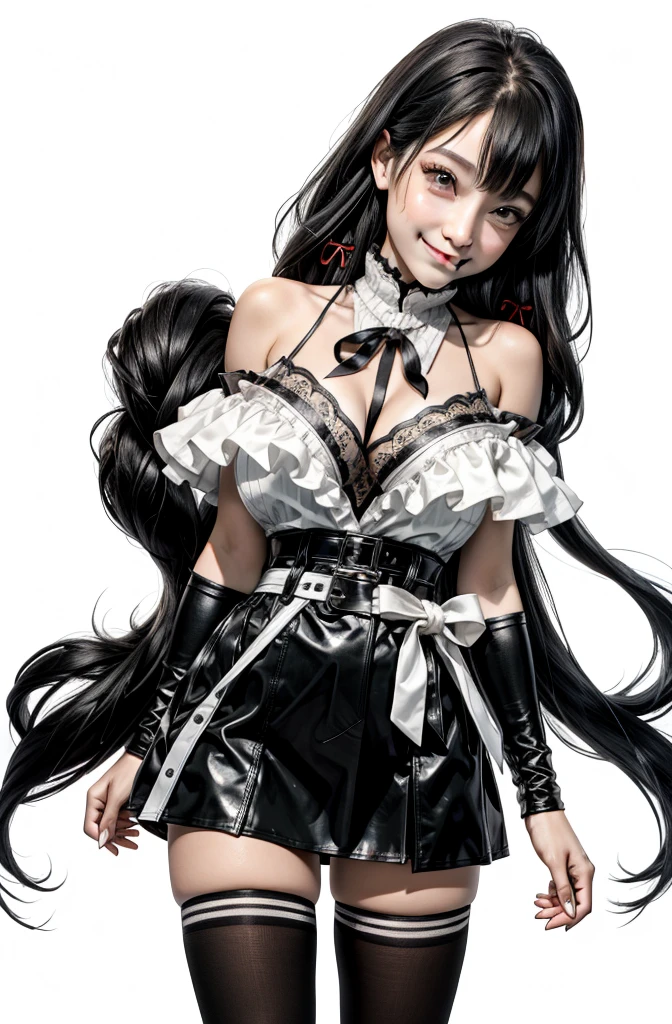 nsfw, 8K, 1 girl as yukino yukinoshita, 1 person, absurd, pretty girl, Beauty, Idol, pretty face, , alone, , big bust, long black hair down to waist, (twin tail:0.5), latex miniskirt, Black thigh-high socks, loose red ribbon, (Ahegao:1.2), spread legs,  ((Open your pussy and show it)), ((Huge)), (white background), slim waist, (whole body), smiling face, big eyes, 