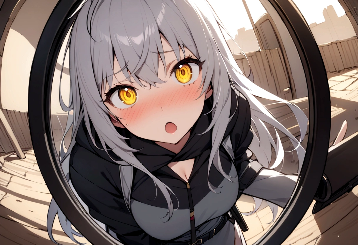 (masterpiece, best quality:1.2), 1girl, 独奏,Black military uniform、Looking through the scope、Point your gun at us、Grey long hair、Ahoge、Yellow Eyes、Ready your gun?、sniper rifle、Background of military bases、Fisheye Lens、battlefield、Shadows of light and darkness、Confused eyes、A black hoodie over a grey trench coat、