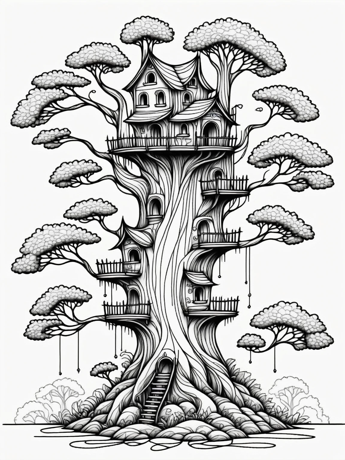 Whimsical tree house village, line art, black and white, intricate details, coloring book page, fantasy forest setting, black and white illustration, coloring book style, white background, detailed pen drawing, high contrast, clean lines, suitable for coloring, vector-like, easy to color