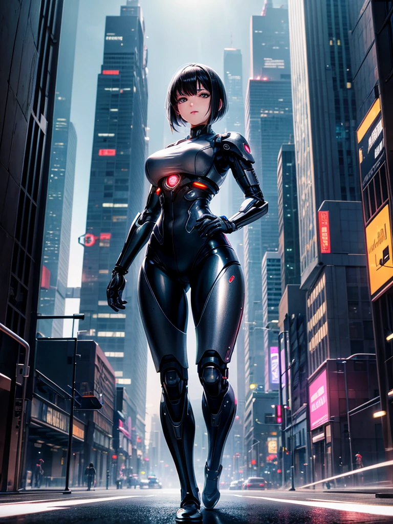 Highest quality,Highest Resolution,beautiful girl,Android,metallic,Mechanic,cyborg,Future city at night,Short black hair,whole body,Ride on a futuristic machine and drive,Move,