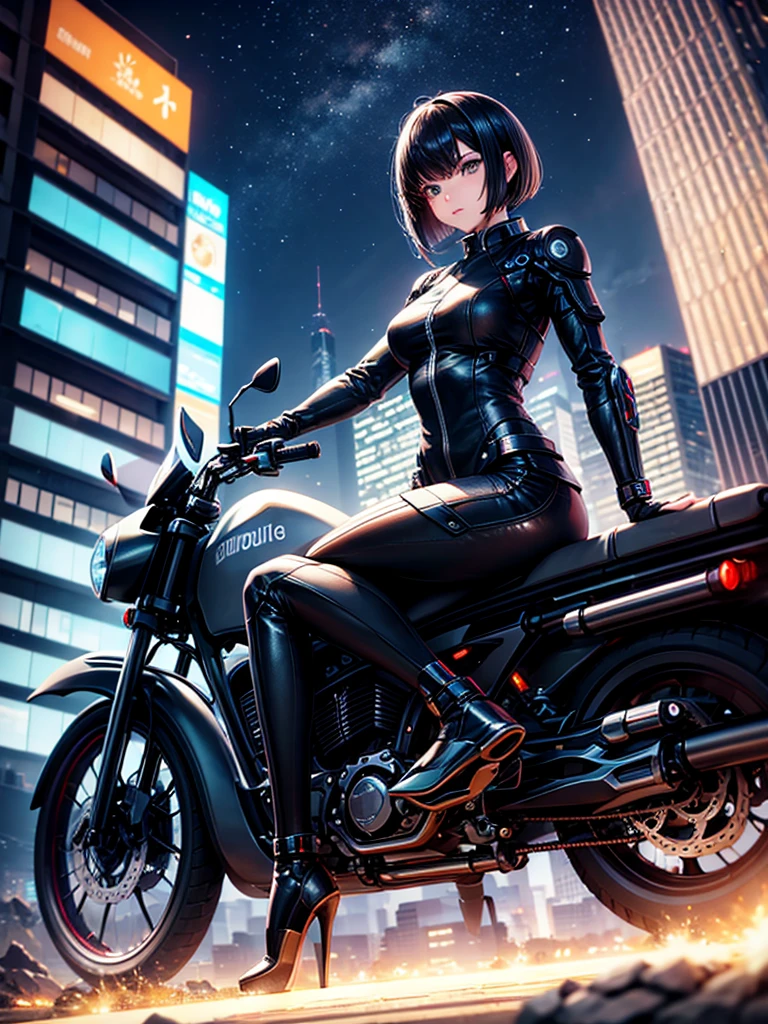 Highest quality,Highest Resolution,beautiful girl,Android,metallic,Mechanic,cyborg,Future city at night,Short black hair,whole body,Ride on a futuristic machine and drive,Move,