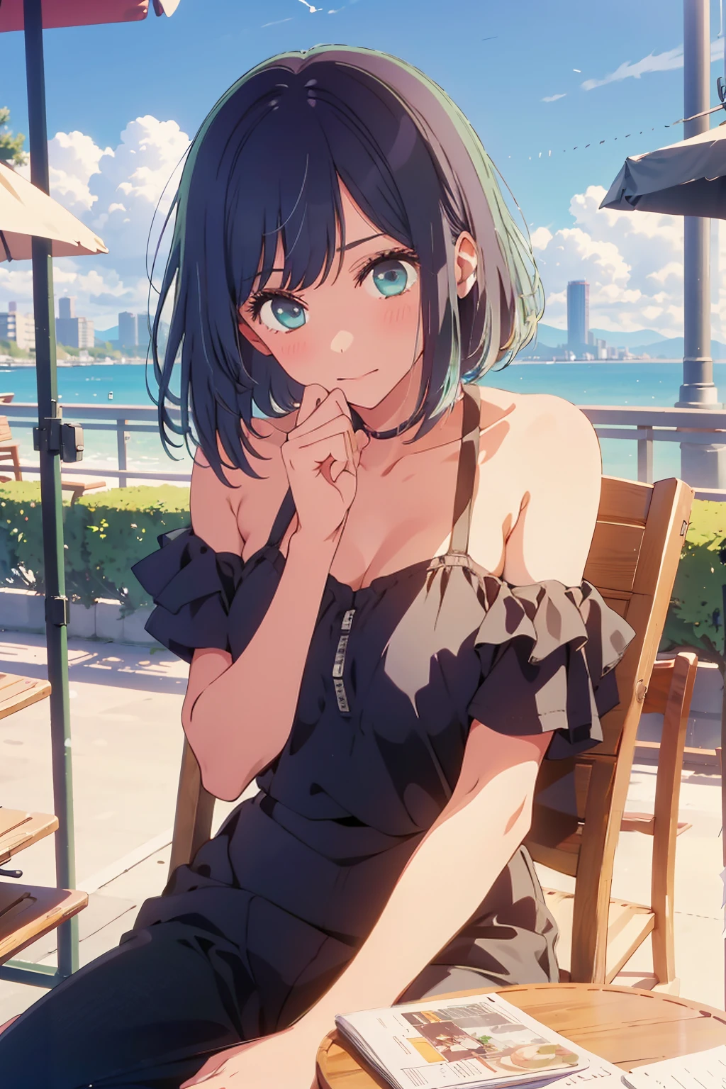 (Highest quality:1.4、masterpiece:1.4、Super detailed:1.4、Ultra-high resolution:1.4、8K:1.4)、F cup bust、Big Breasts、Slim body、((((1 person、Surprised expression、sit、Chair、In the background are the urban buildings of Tokyo、looking at the camera、Outdoor café terrace、coastal、juice、Shooting from an angle、table、Very cute face))))、(Pose with hands tucked behind ears:1.4、Cheek resting on hand:1.4)、((nude、very beautiful areola))、bikini、Very blue sky、A completely cloudless sky