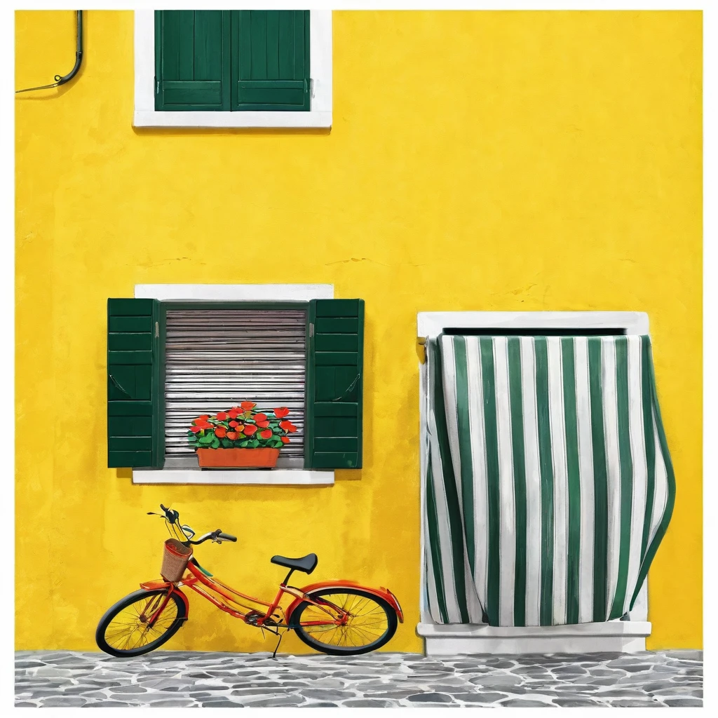 masterpiece, ultra detailed, beautiful, distinct, best aesthetic, super fine illustration, vibrant yellow wall, green shutters, striped awning, red flower pot, windowsill, orange bicycle, cobblestone ground, bright colors, vivid architecture, simple bicycle, #drawing style: Mixed Media #painting method: Impasto, pointier painting method, pointillism technique, repoussoir, Sfumato, Detailing oil pastel art, impressionism, Van Gogh style, Detailing digital painting