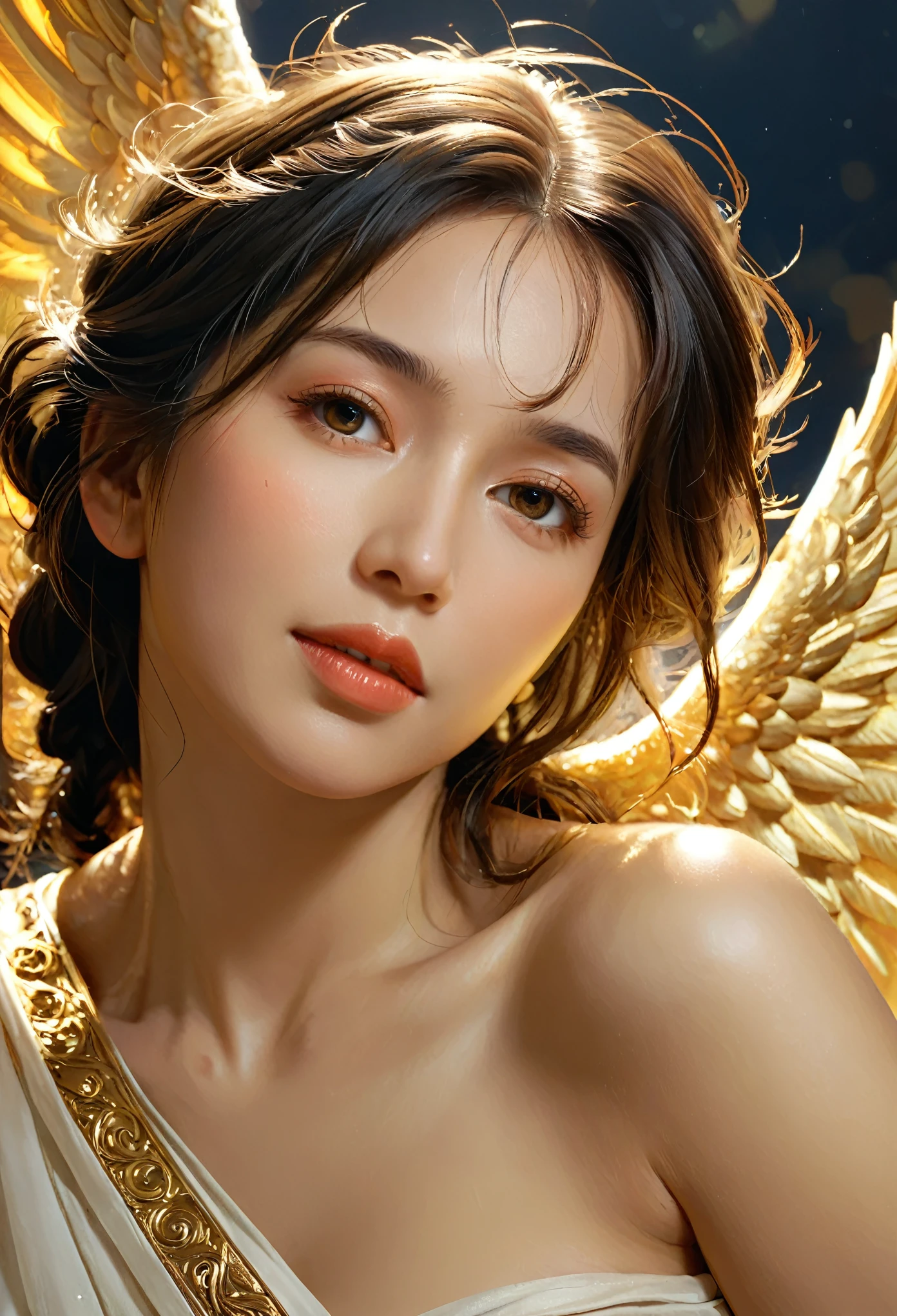 (best quality,4k,8k,highres,masterpiece:1.2), ultra-detailed, (realistic,photorealistic,photo-realistic:1.37),Close-up portrait of the most beautiful angel in the universe, D & D, face, Fantasy, complicated, elegant, Very detailed, Digital Painting, Art Station, Concept Art, Smooth, Sharp focus, figure, ArtJam, Greg Rutkowski, Art by Alphonse Mucha, sexy, golden eyes, (winking at viewers:1.5)