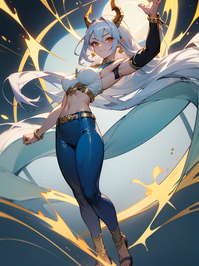 (masterpiece, 4k quality), 1girl, Drakaina, solo, stand confidently, full body, smiling mischievously, long silver hair tied back, sharp golden eyes, pale skin, C-cup breasts, tall, muscular hourglass figure, beautiful six-pack, two beautiful simple golden dragon horns on the head, another set of short golden dragon horns under the ears, sharp golden dragon claws, dragon tail resemble light blue steel, dragon wings resemble light blue steel, blue pear earrings, light blue gemstone necklace with golden dragon phoenix pendant, white sleeveless crop top, ivory trousers, dark blue leather belt, dark blue platform sandals.