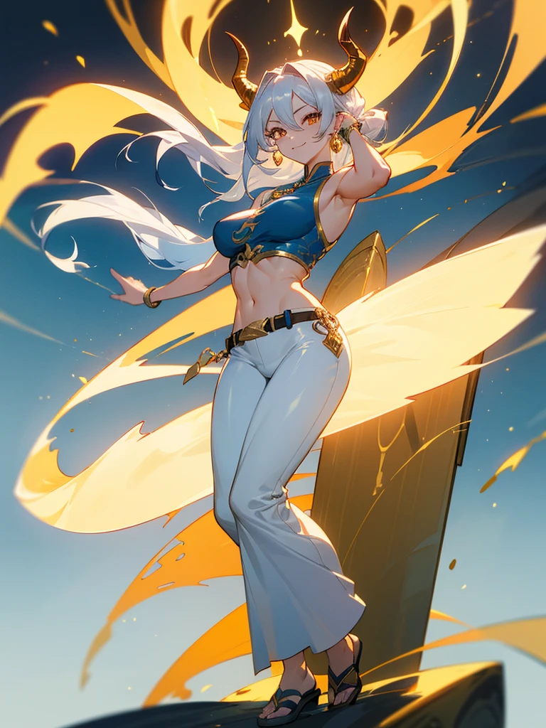 (masterpiece, 4k quality), 1girl, Drakaina, solo, stand confidently, full body, smiling mischievously, long silver hair tied back, sharp golden eyes, pale skin, C-cup breasts, tall, muscular hourglass figure, beautiful six-pack, two beautiful simple golden dragon horns on the head, another set of short golden dragon horns under the ears, sharp golden dragon claws, dragon tail resemble light blue steel, dragon wings resemble light blue steel, blue pear earrings, light blue gemstone necklace with golden dragon phoenix pendant, white sleeveless crop top, ivory trousers, dark blue leather belt, dark blue platform sandals.