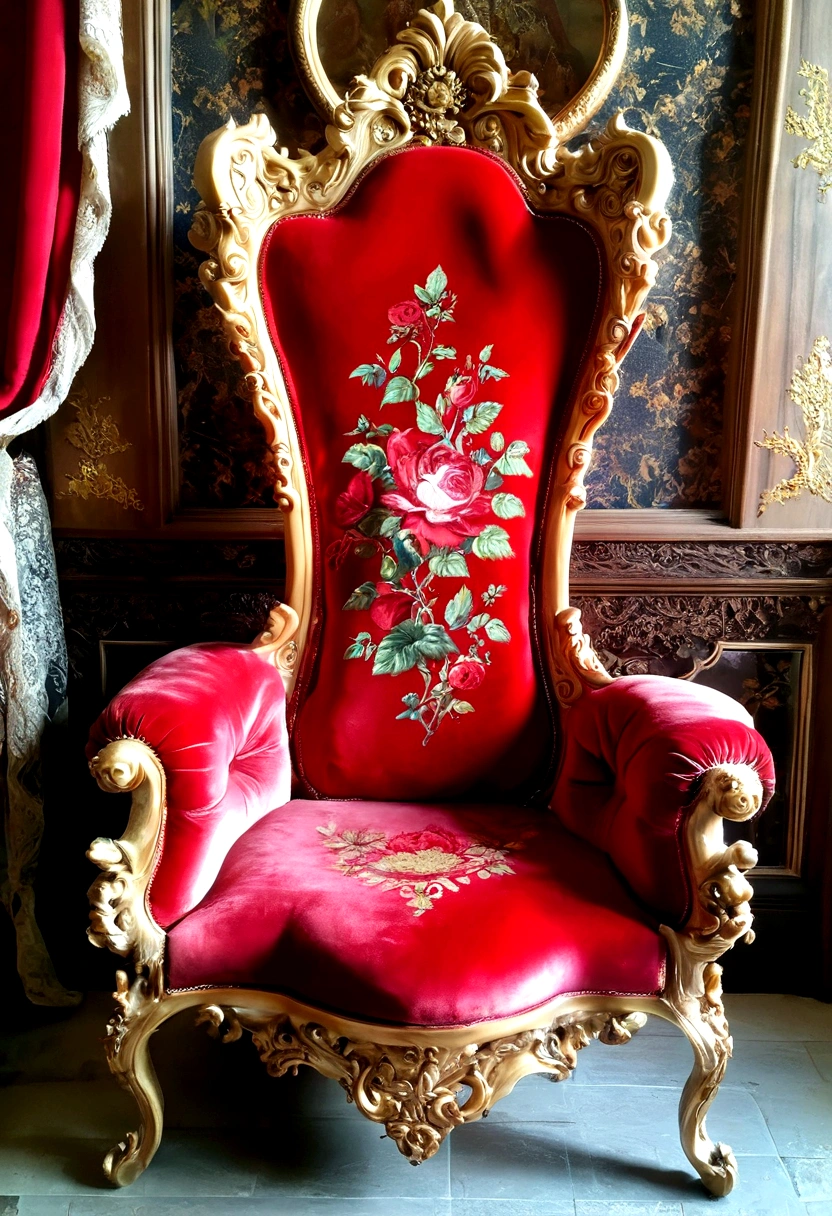 Gorgeous palace，Rose throne chair，Tall and spacious，French court rococo，Red Rose