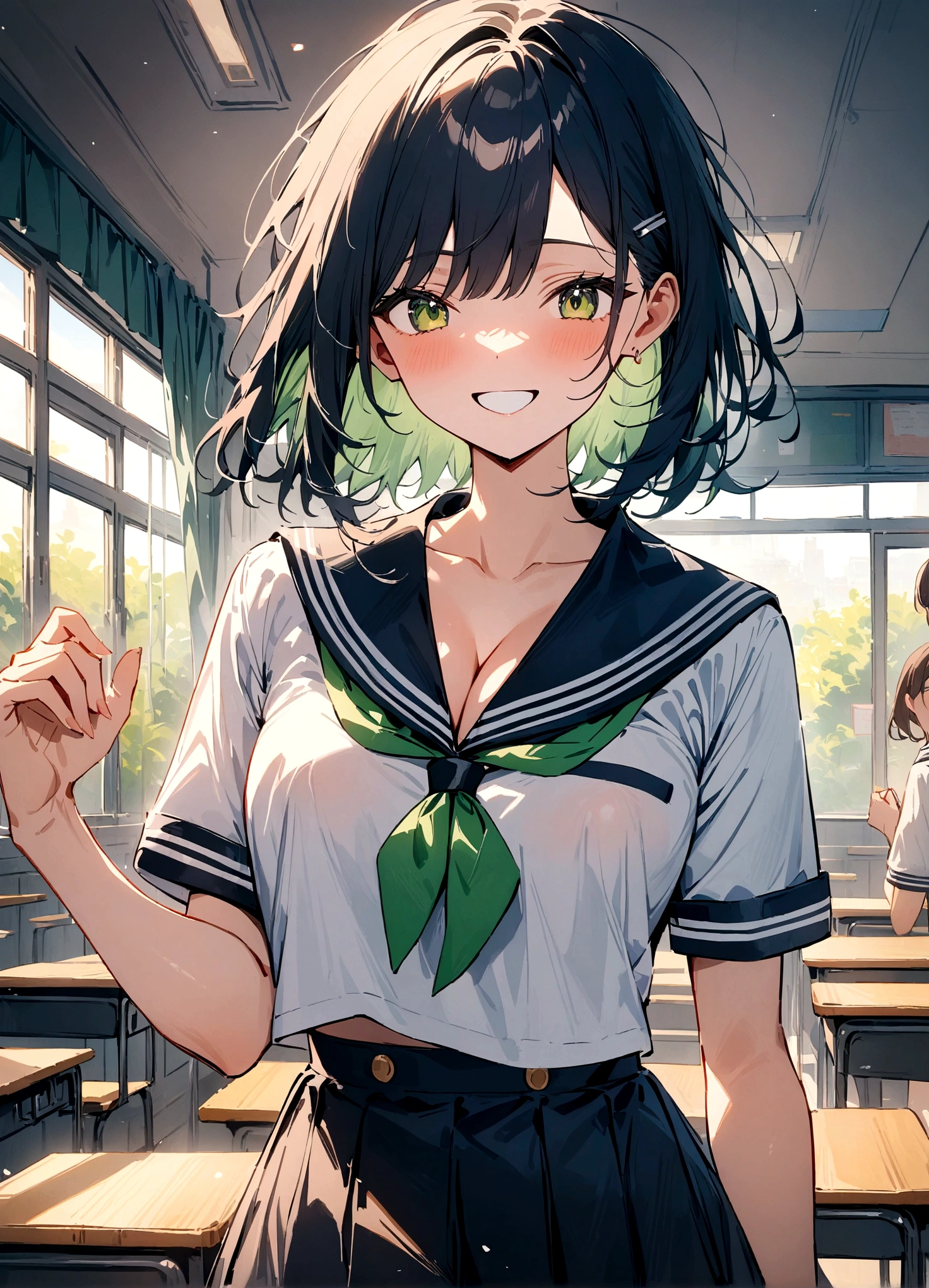 nsfw,(space action style), (Muted Tone), Delicate, Detail, Masterpiece,
women with sailor uniform,smile,school girl,
Cowboy shot, cleavage,classroom,
Artistic, memorable masterpieces, moments in history,(fantastical and mesmerizing scenery) Watercolor, Delicate, Detail,
(masterpiece:1.2),(best quality:1.2),newest,intricate details,