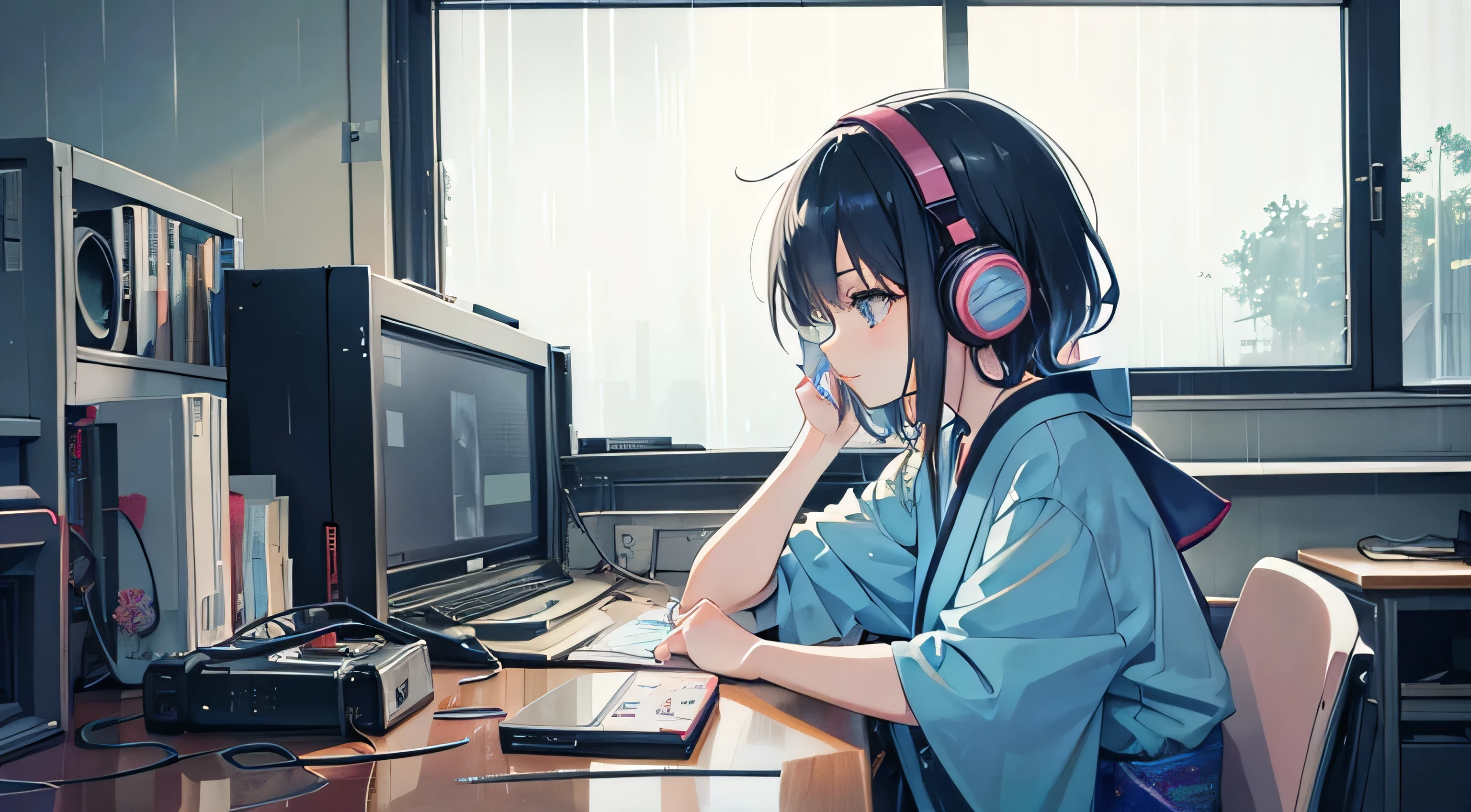 Japanese anime style, stylish girl, 1980s style, in a room, night rain outside the window, listening to music on a radio cassette player, computer on a desk