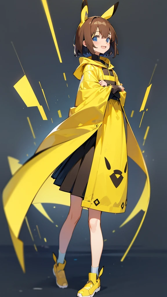 Thick Coating, young, かわいいgirl, Brown Hair, short hair,Pikachu's ears, Yellow clothes, poncho, A short black skirt underneath, blue eyes,virtual,girl,whole body,upright,Place your arms at your sides,Place your hands at your sides.,View from the front,Simple Background,girl,Open your mouth,blue eyes,smile,virtualユーチューバー,Standing upright,Very young,whole body,Look straight ahead